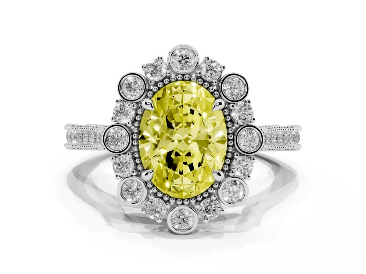 Fancy Yellow Oval Cut Halo Milgrain Pave Diamond Ring with Four-Prong Setting Silver