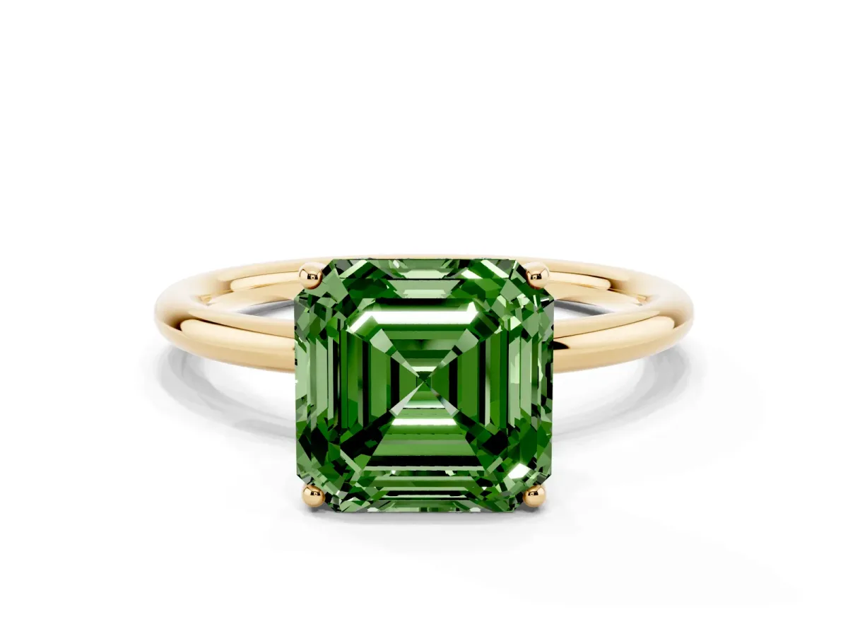 Fancy Green Asscher Cut Solitaire Diamond Ring with a Classic Band and Four-Prong Setting Yellow gold