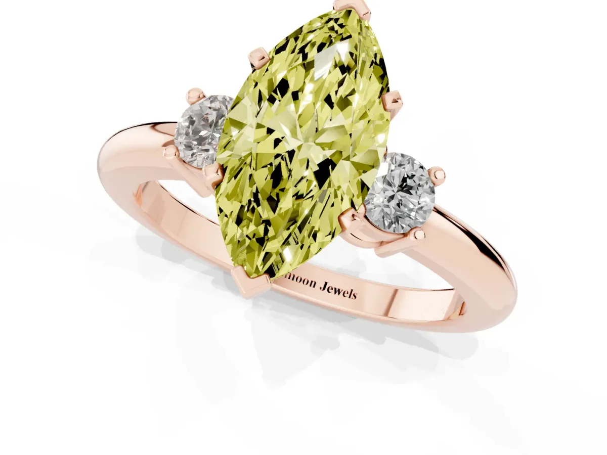 Fancy Yellow Three-Stone Marquise Cut Cut Diamond Solitaire with Prong Setting and Classic Band Rose gold