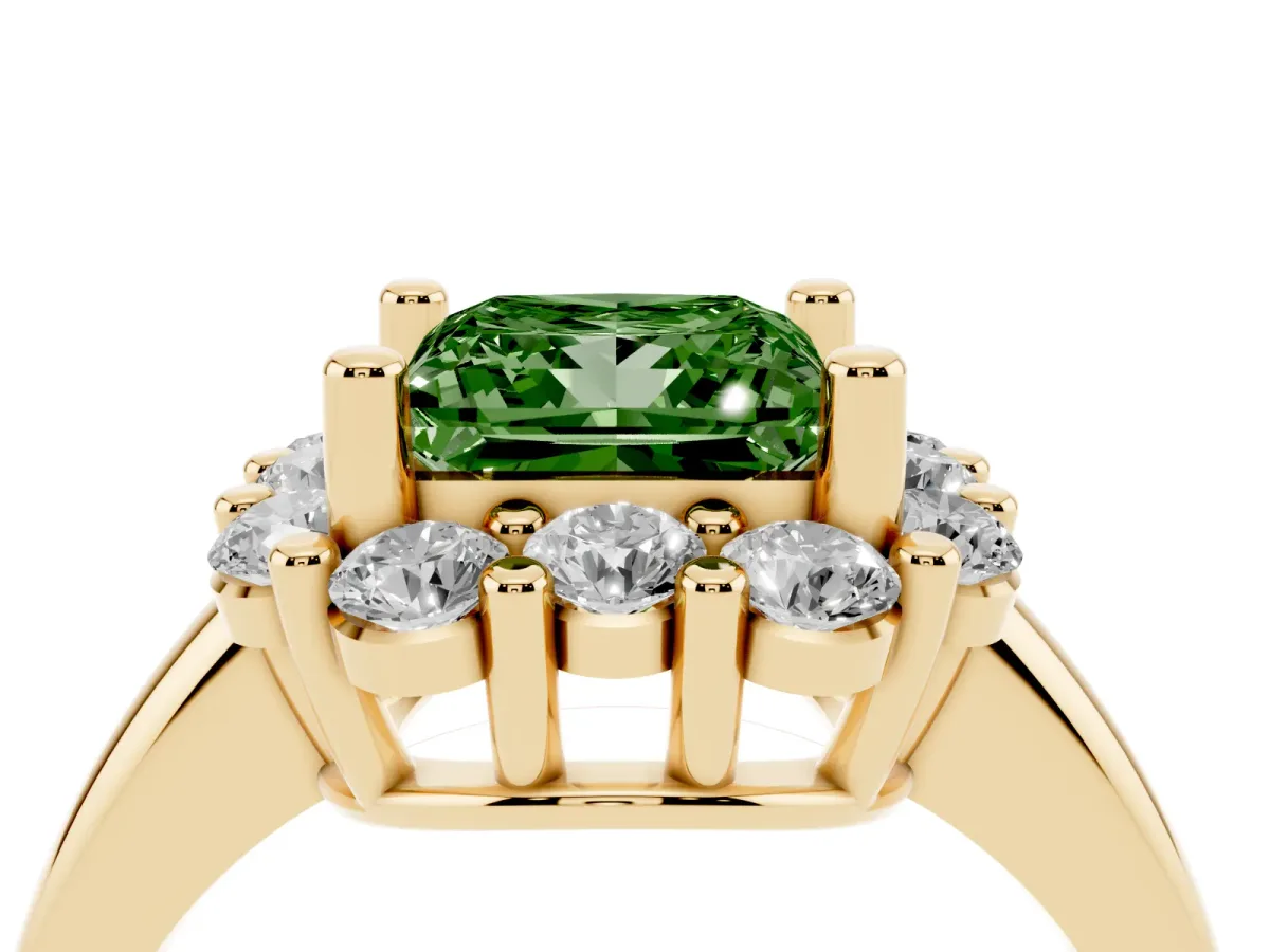 Fancy Green Princess Cut Halo Cluster Diamond Engagement Ring with Prong Setting and Polished Band Yellow gold