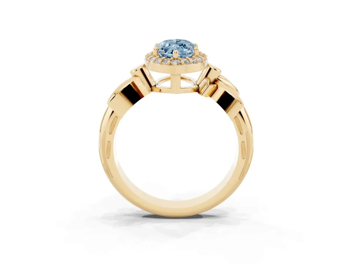 Fancy Blue Marquise Cut Halo Diamond Floral Band with Four-Prong Setting Yellow gold
