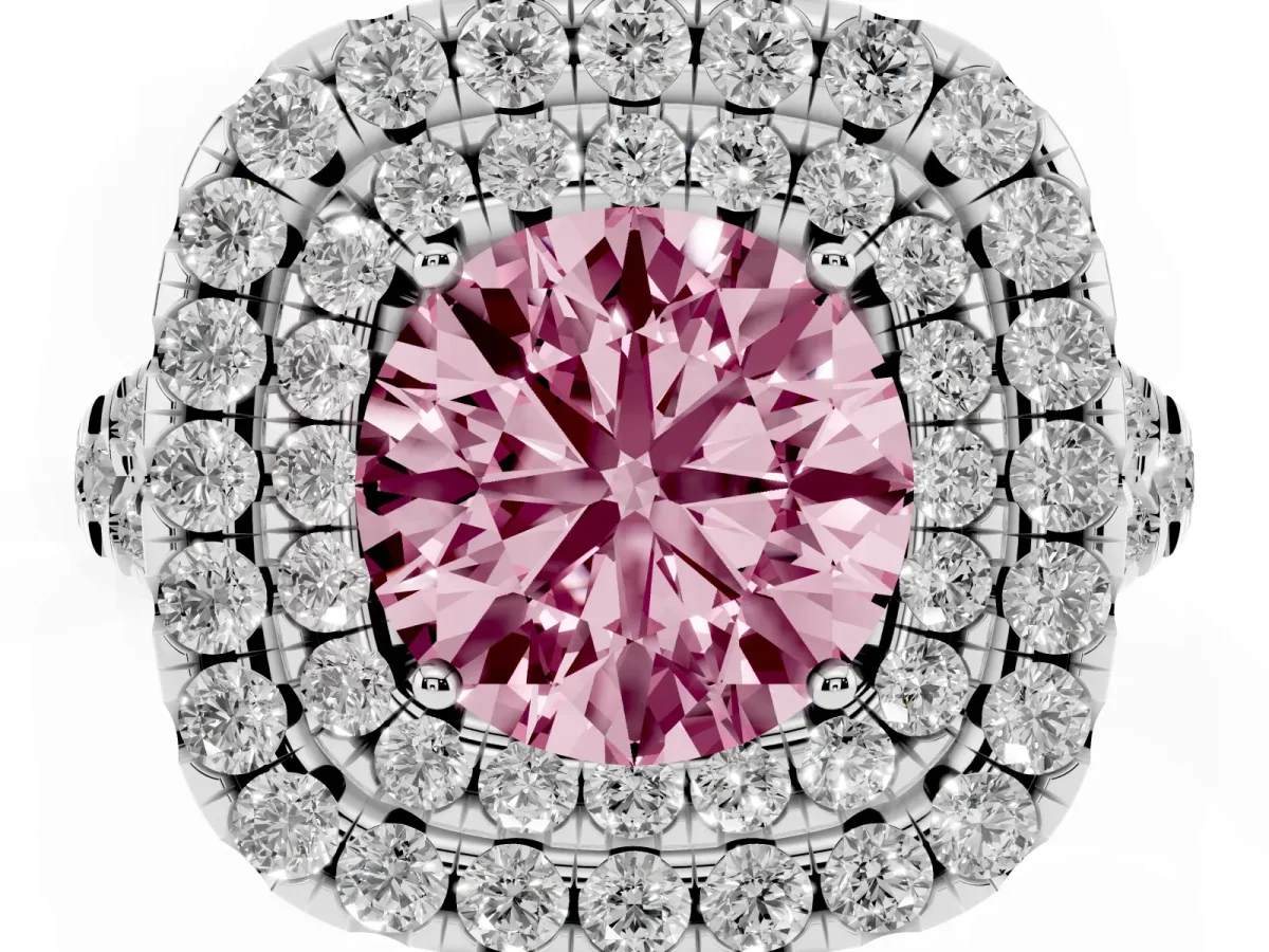 Fancy Pink Double Halo Round Cut Diamond Pavé Split Shank Ring with Prong Setting Platinum