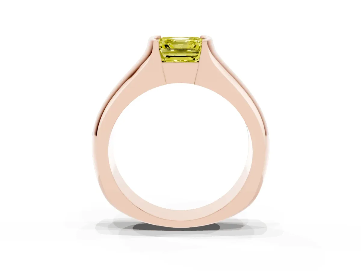 Fancy Yellow Asscher Cut Solitaire Bezel Set Diamond Ring with Wide Band Rose gold