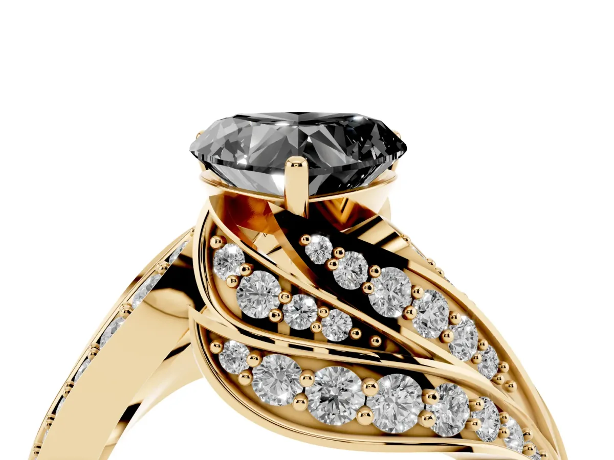 Fancy Black Heart Cut Diamond Solitaire Ring with Prong Setting and Twisted Pavé Band Yellow gold