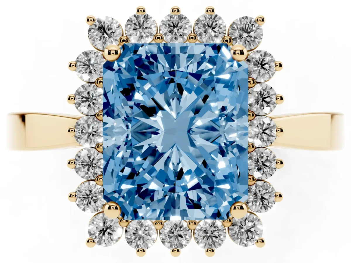 Fancy Blue Radiant Cut Cut Diamond Halo Ring with Round Brilliant Halo and Solitaire Band Yellow gold