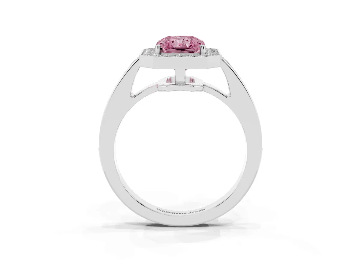 Fancy Pink Radiant Cut Halo Pavé Diamond Engagement Ring with Bezel Setting Silver