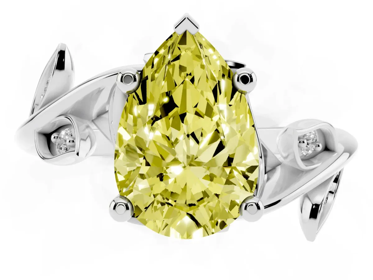 Fancy Yellow Pear Cut Solitaire Twist Engagement Ring with Leaf Accents and Prong Setting Silver