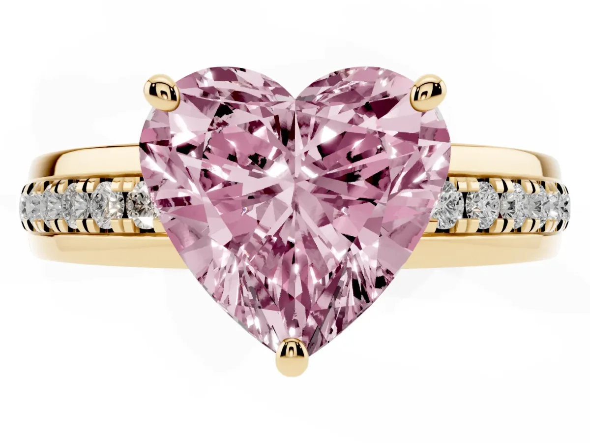 Fancy Pink Heart Cut Solitaire Diamond Ring with Channel Set Band and Six-Prong Setting Yellow gold