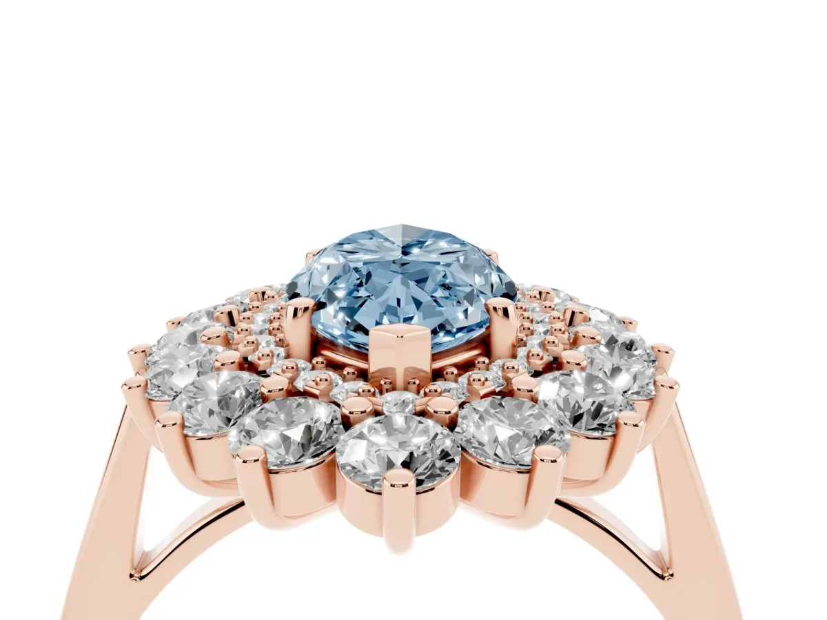Fancy Blue Marquise Cut Diamond Floral Double Halo Engagement Ring with Prong Setting Rose gold