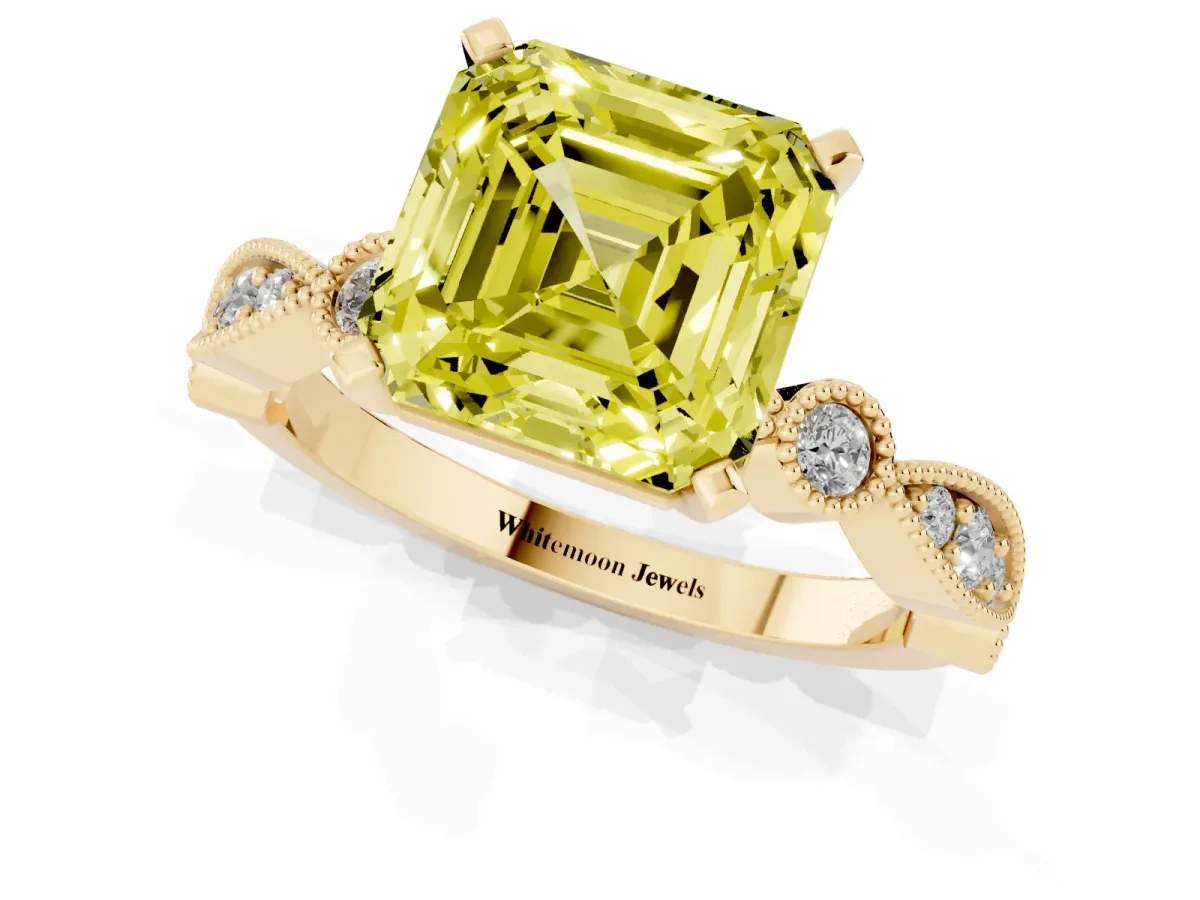 Fancy Yellow Asscher Cut Milgrain Bezel Diamond Engagement Ring with Solitaire Prong Setting Yellow gold