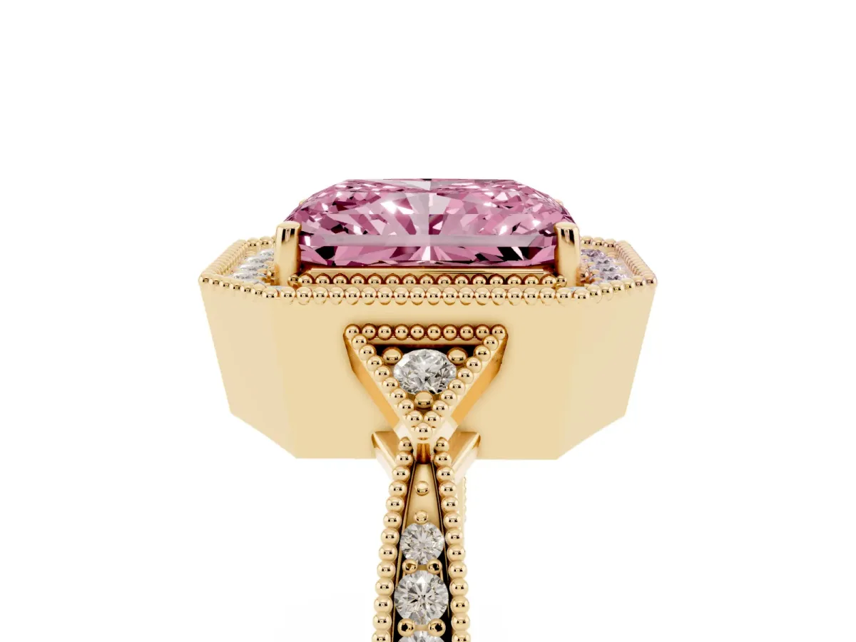 Fancy Pink Radiant Cut Halo Round Diamond Milgrain Pave Engagement Ring Yellow gold