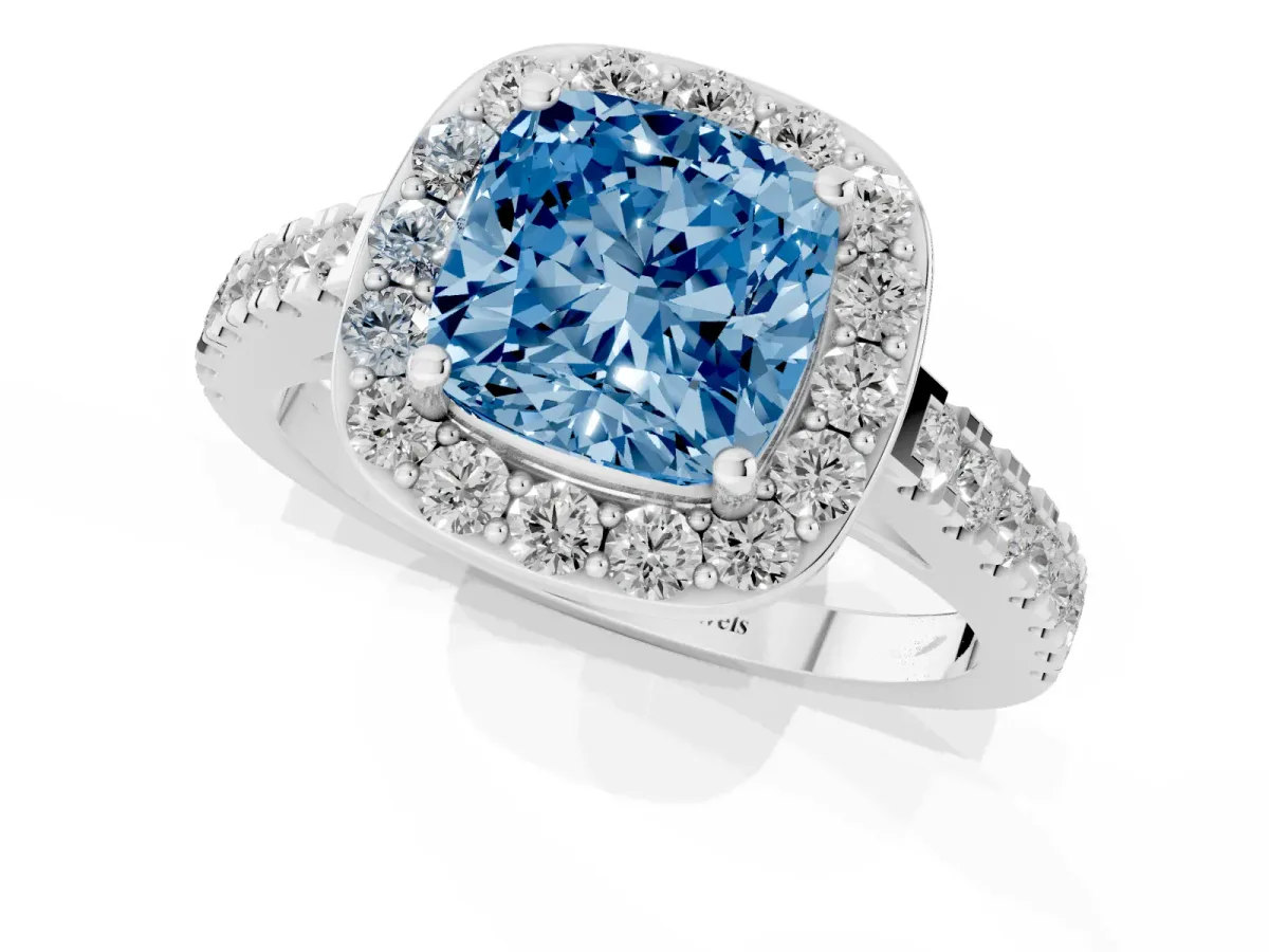 Fancy Blue Cushion Cut Diamond Halo Ring with Round Pavé Split Shank and Prong Setting Silver