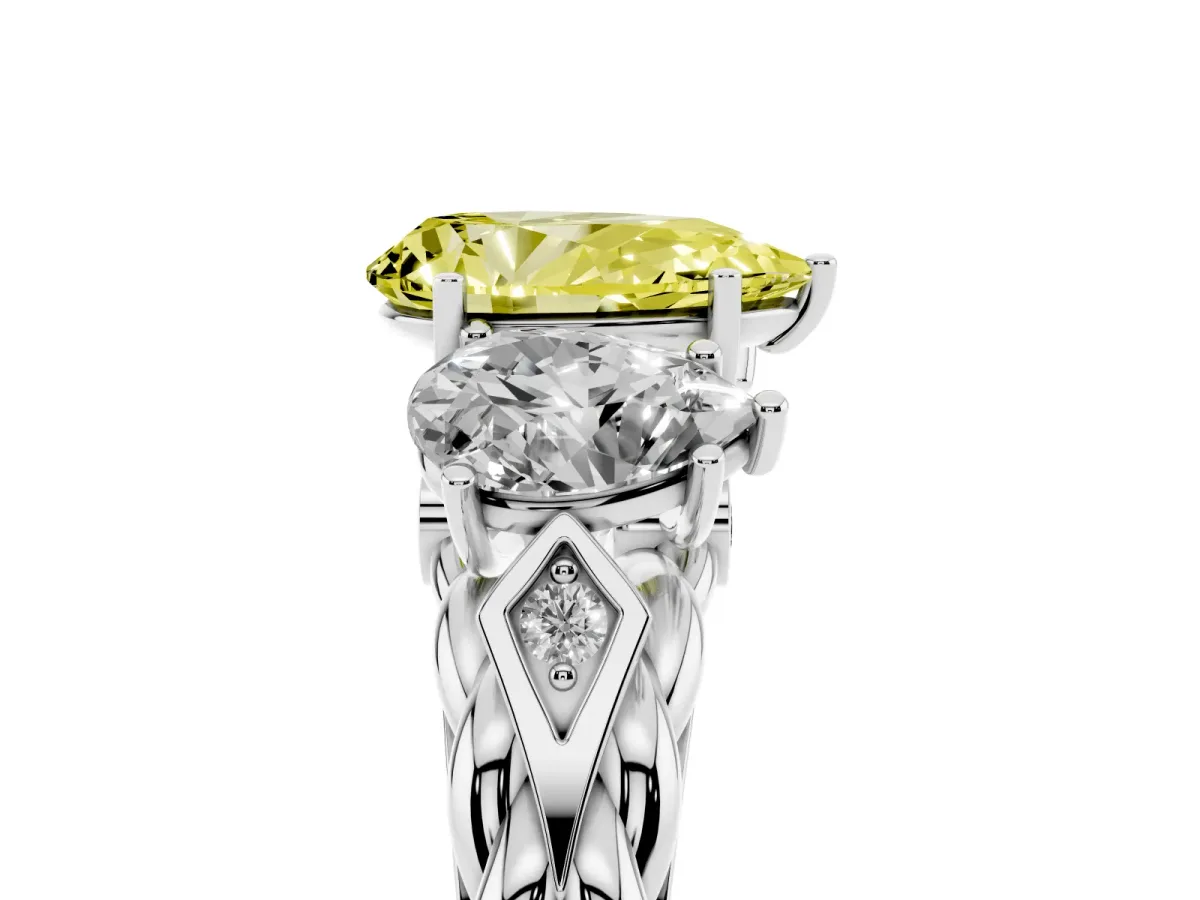 Fancy Yellow Three-Stone Pear Cut Diamond Braided Band Ring with Four-Prong Setting Silver