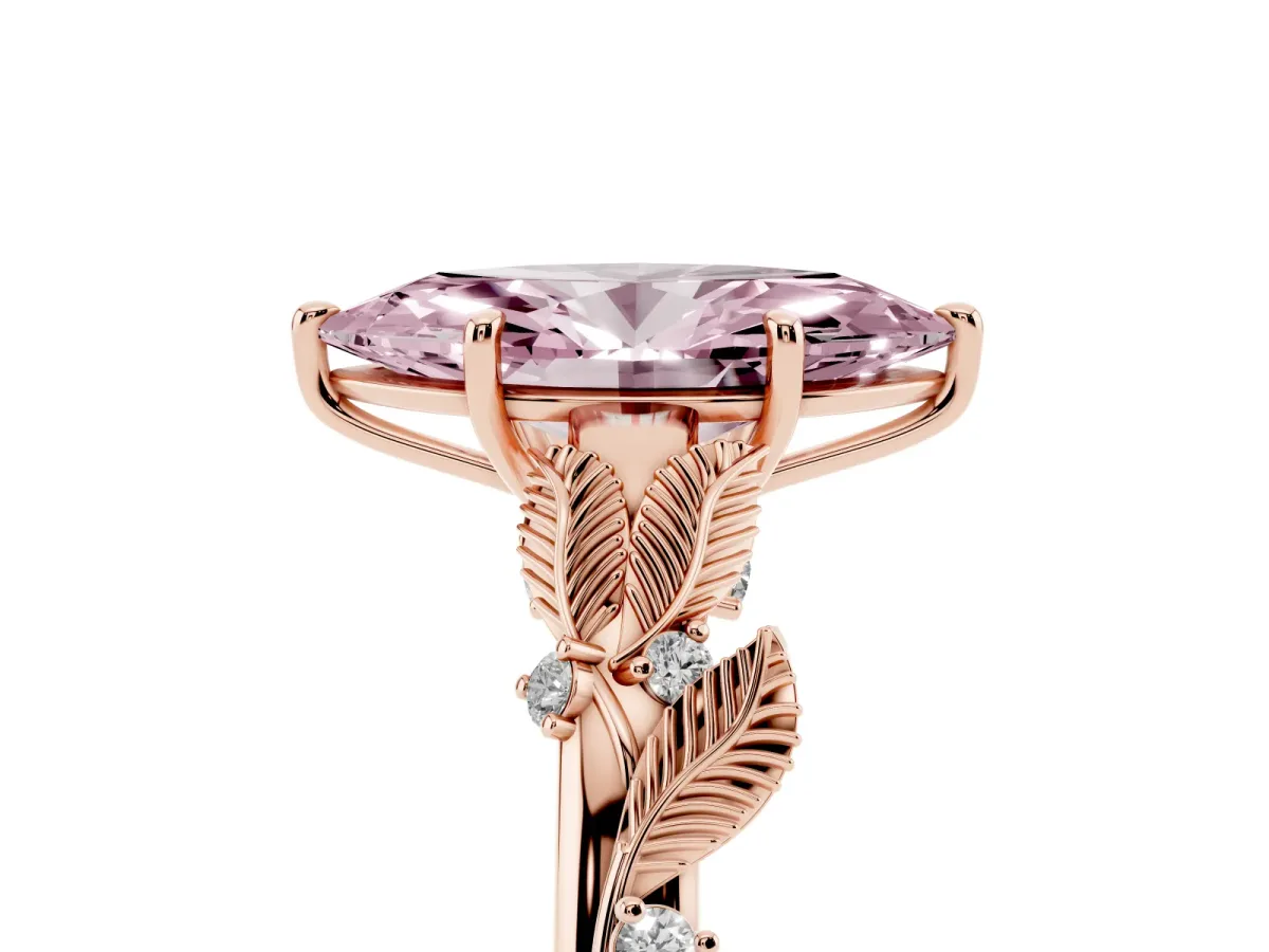 Fancy Pink Marquise Cut Diamond Solitaire Ring with Leaf Motif Band and Four-Prong Setting Rose gold