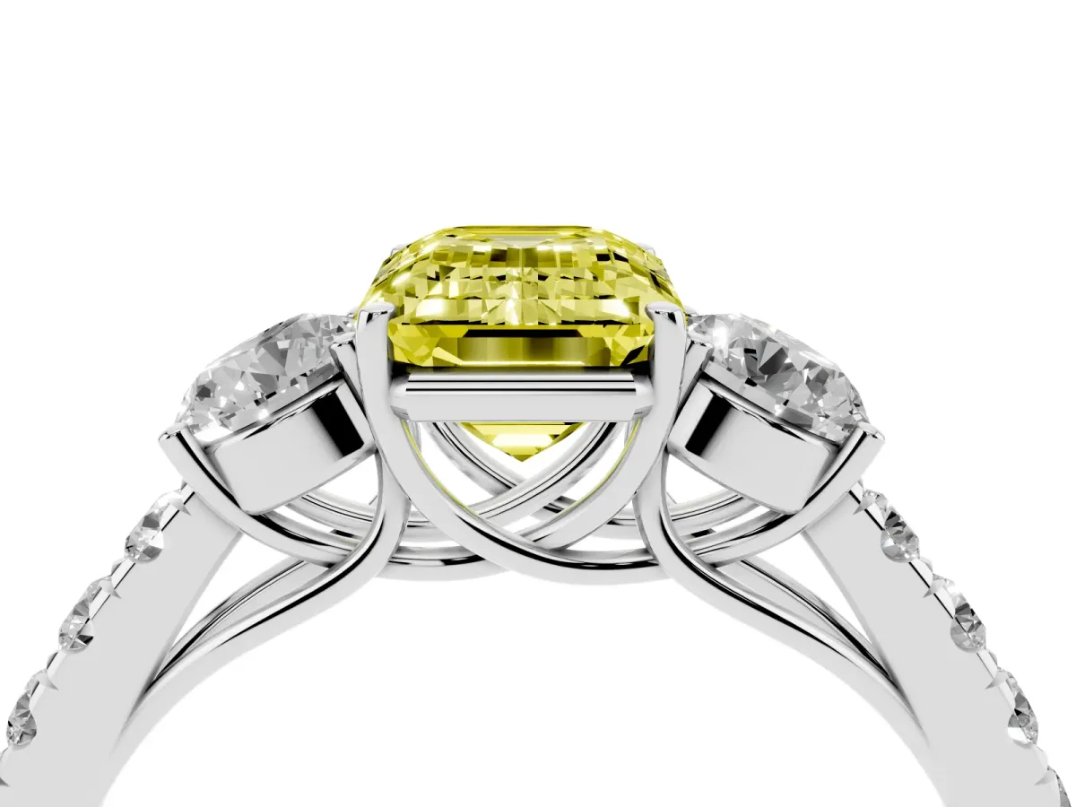 Fancy Yellow Emerald Cut Cut Diamond Three-Stone Ring with Round Side Stones and Pavé Band Silver