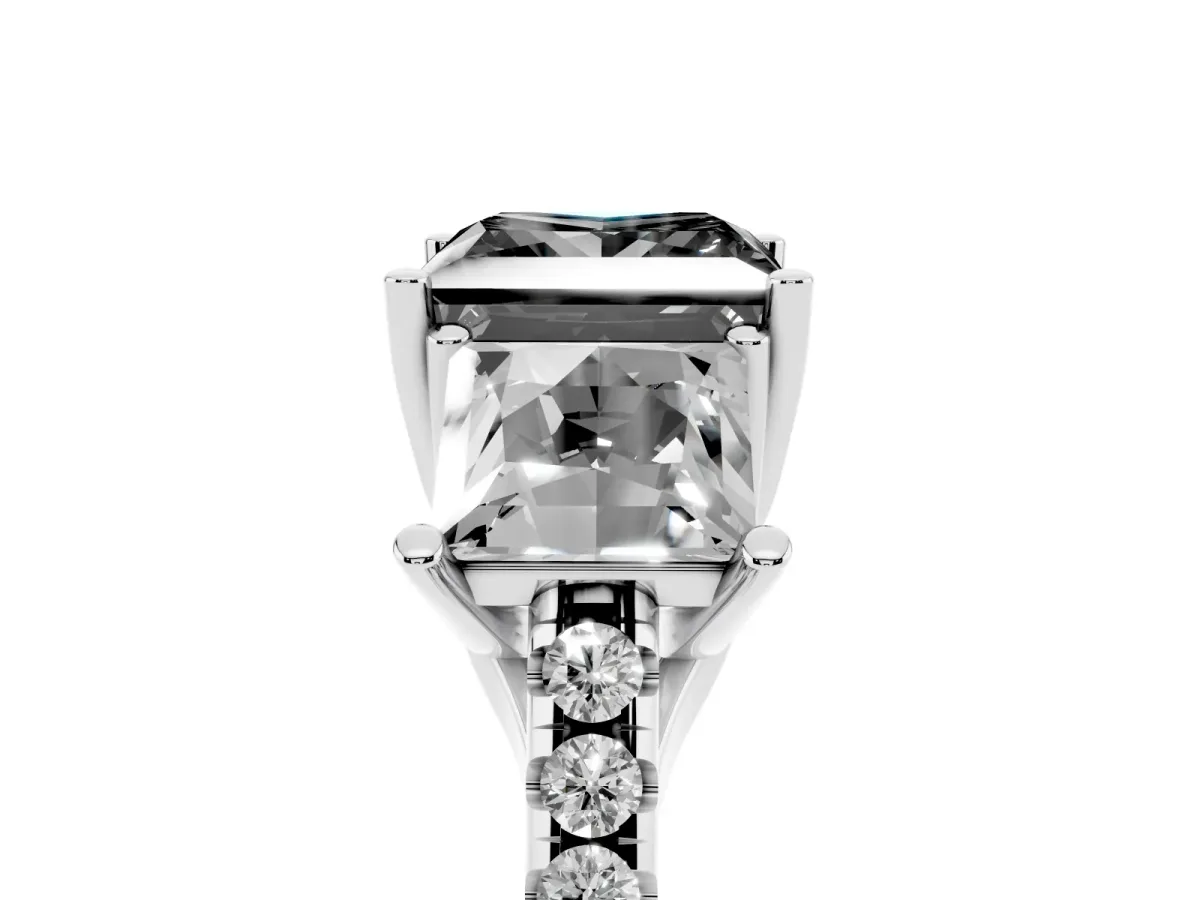 Fancy Black Three-Stone Princess Cut Diamond Ring with Round Pavé Band and Prong Setting Silver