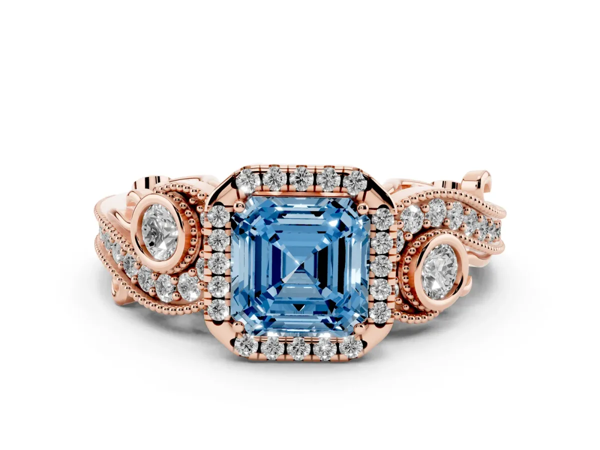 Fancy Blue Asscher Cut Diamond Halo Ring with Milgrain Pavé Band and Four-Prong Setting Rose gold