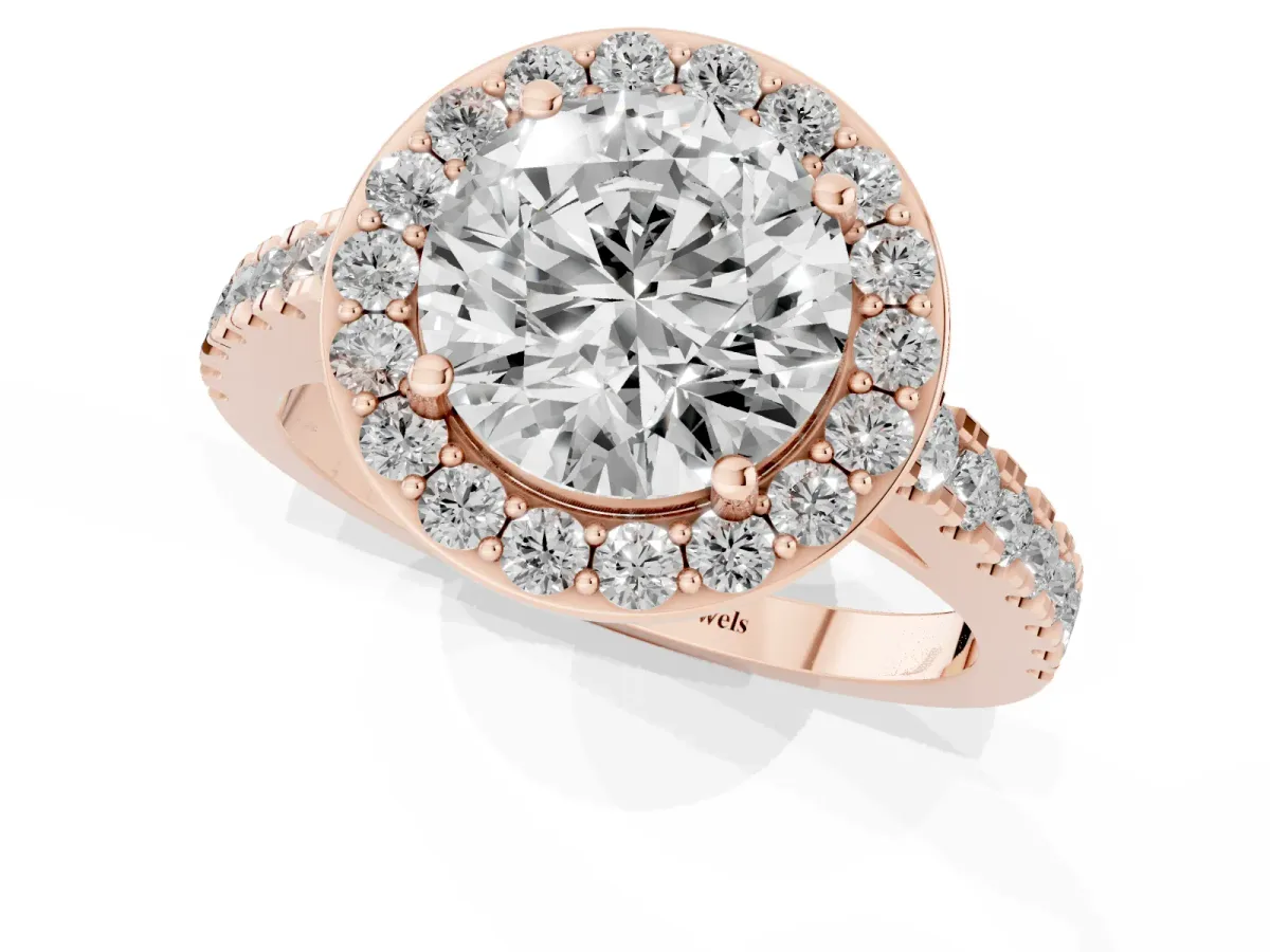Round Cut Diamond Halo Ring with Round Pavé Split Shank and Prong Setting Rose gold