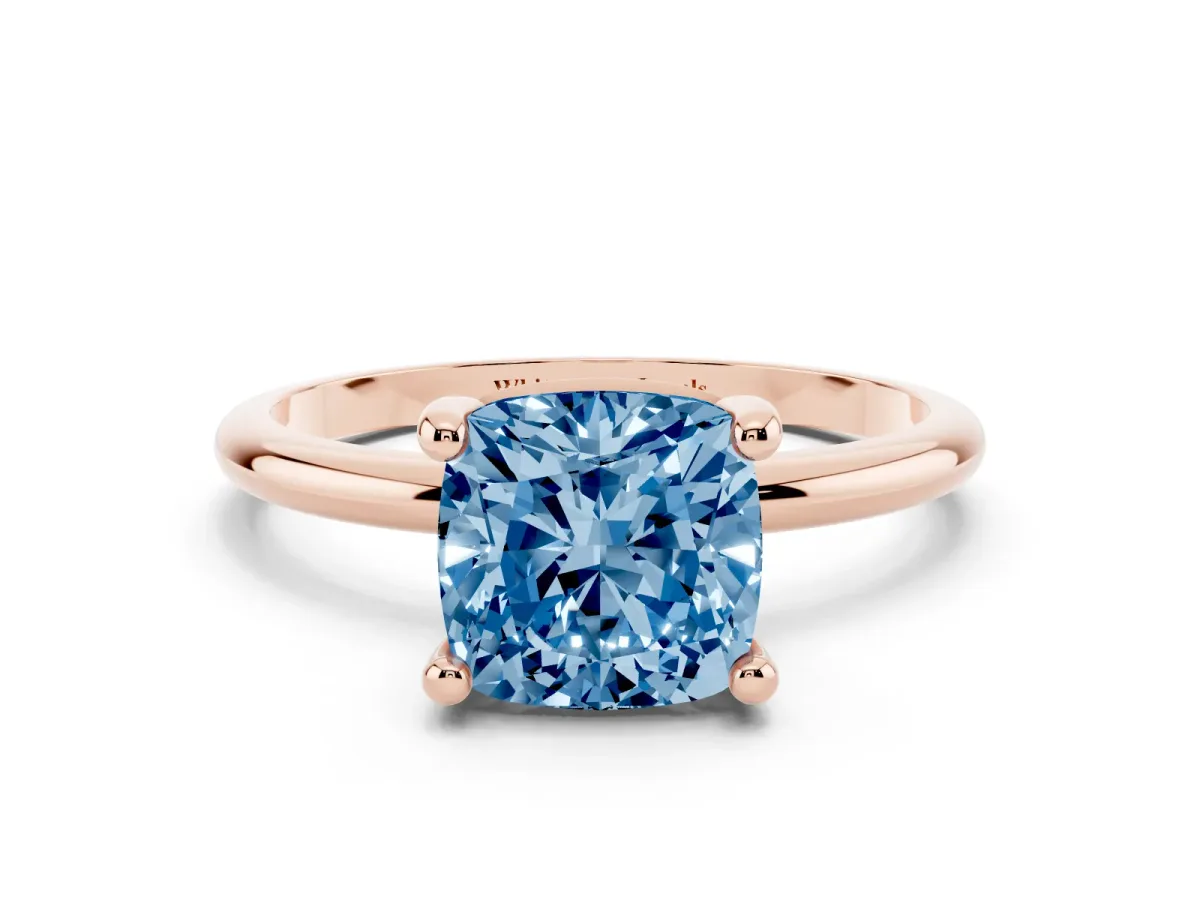 Fancy Blue Cushion Cut Solitaire Diamond Ring with 4-Prong Setting on a Classic Band Rose gold