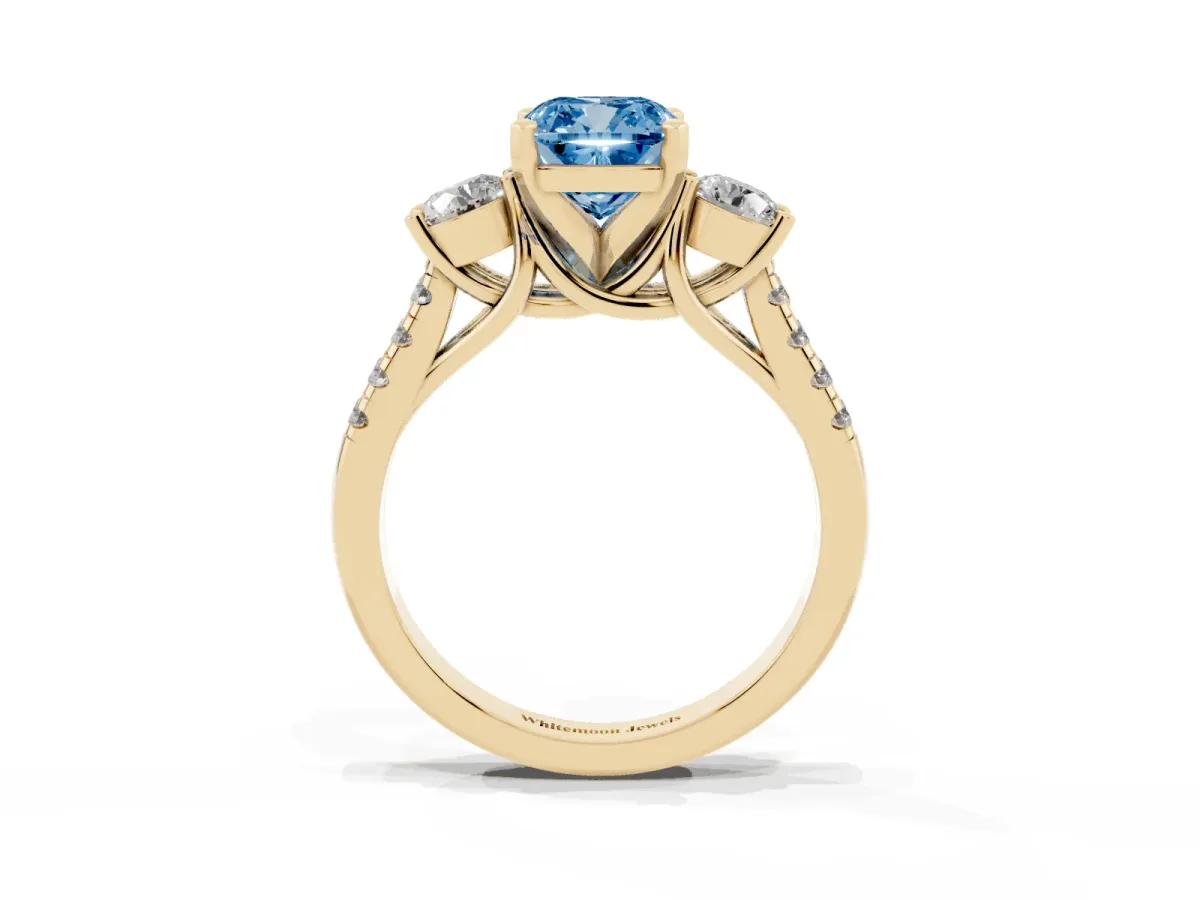 Fancy Blue Three-Stone Cushion Cut Diamond Pavé Band with Four-Prong Setting Yellow gold