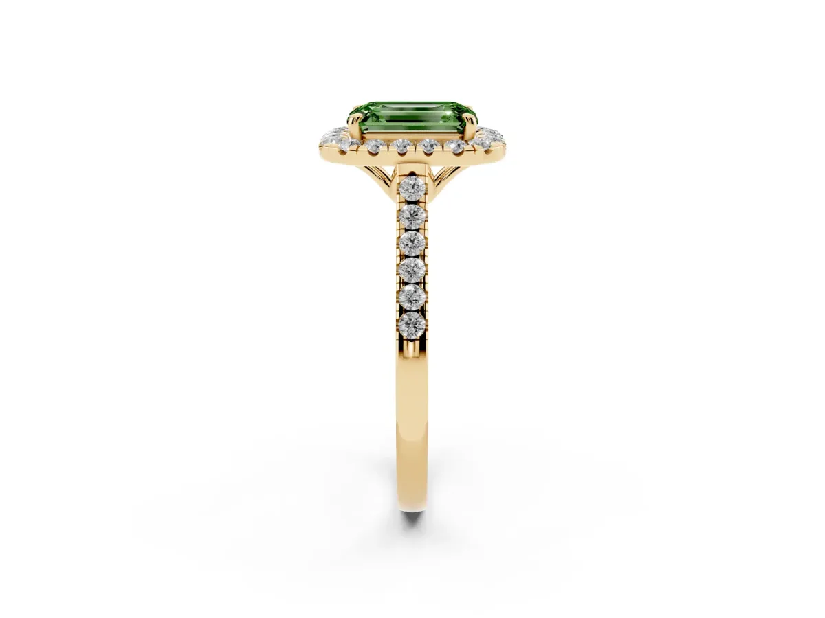 Fancy Green Emerald Cut Halo Pavé Diamond Engagement Ring with Four-Prong Setting Yellow gold