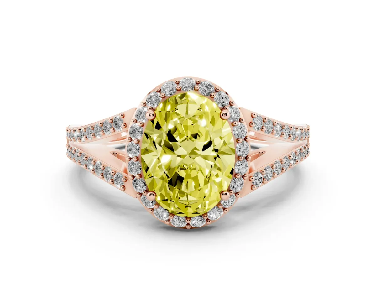 Fancy Yellow Oval Cut Halo Split Shank Diamond Ring with Prong Setting Rose gold