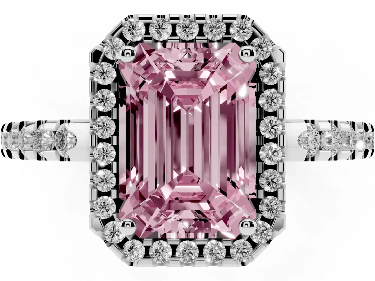 Fancy Pink Emerald Cut Diamond Halo Engagement Ring with Pavé Band and Prong Setting Platinum