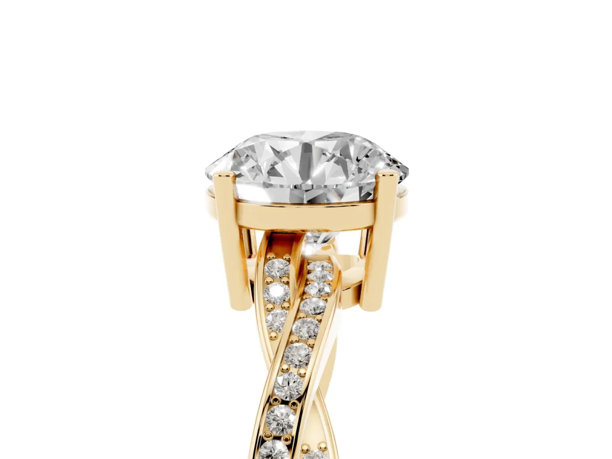 Round Cut Solitaire Twisted Pave Diamond Ring with Four-Prong Setting Yellow gold