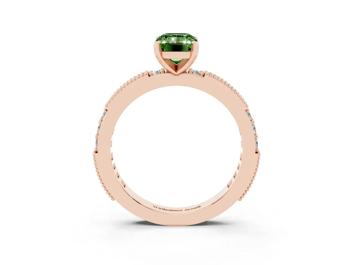 Fancy Green Emerald Cut Solitaire with Pavé Band and Four-Prong Setting Rose gold