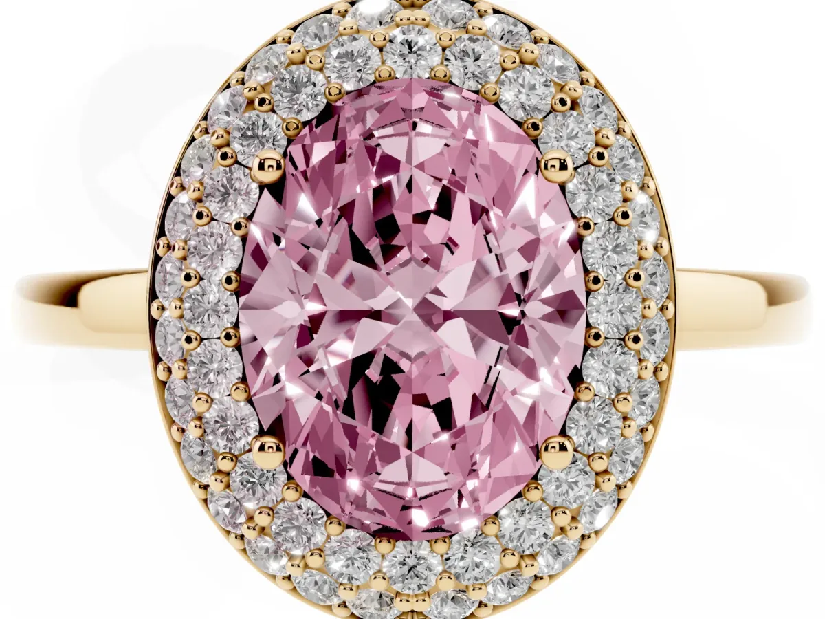Fancy Pink Oval Cut Halo Diamond Engagement Ring with Solitaire Band and Four-Prong Setting Yellow gold