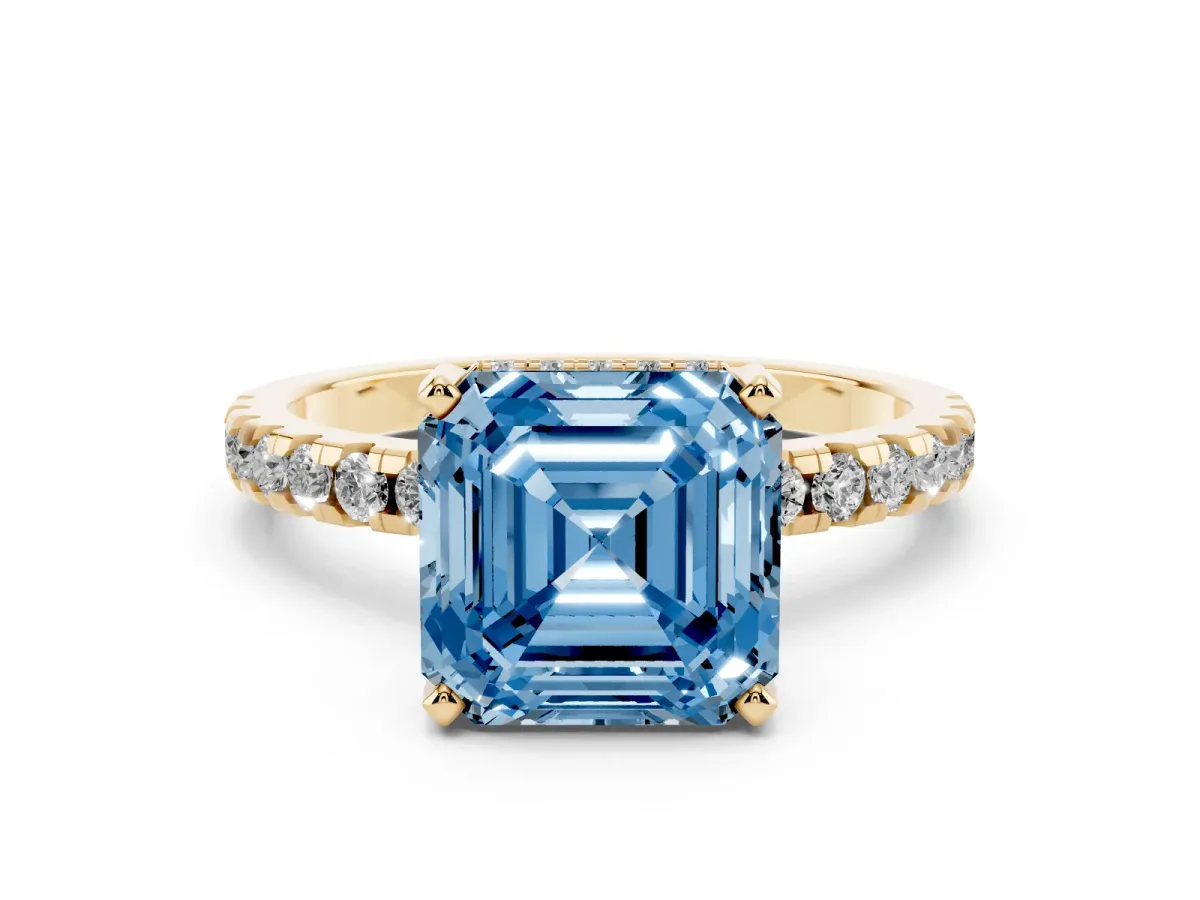 Fancy Blue Asscher Cut Diamond Solitaire Ring with Round Pavé Band and Four-Prong Setting Yellow gold