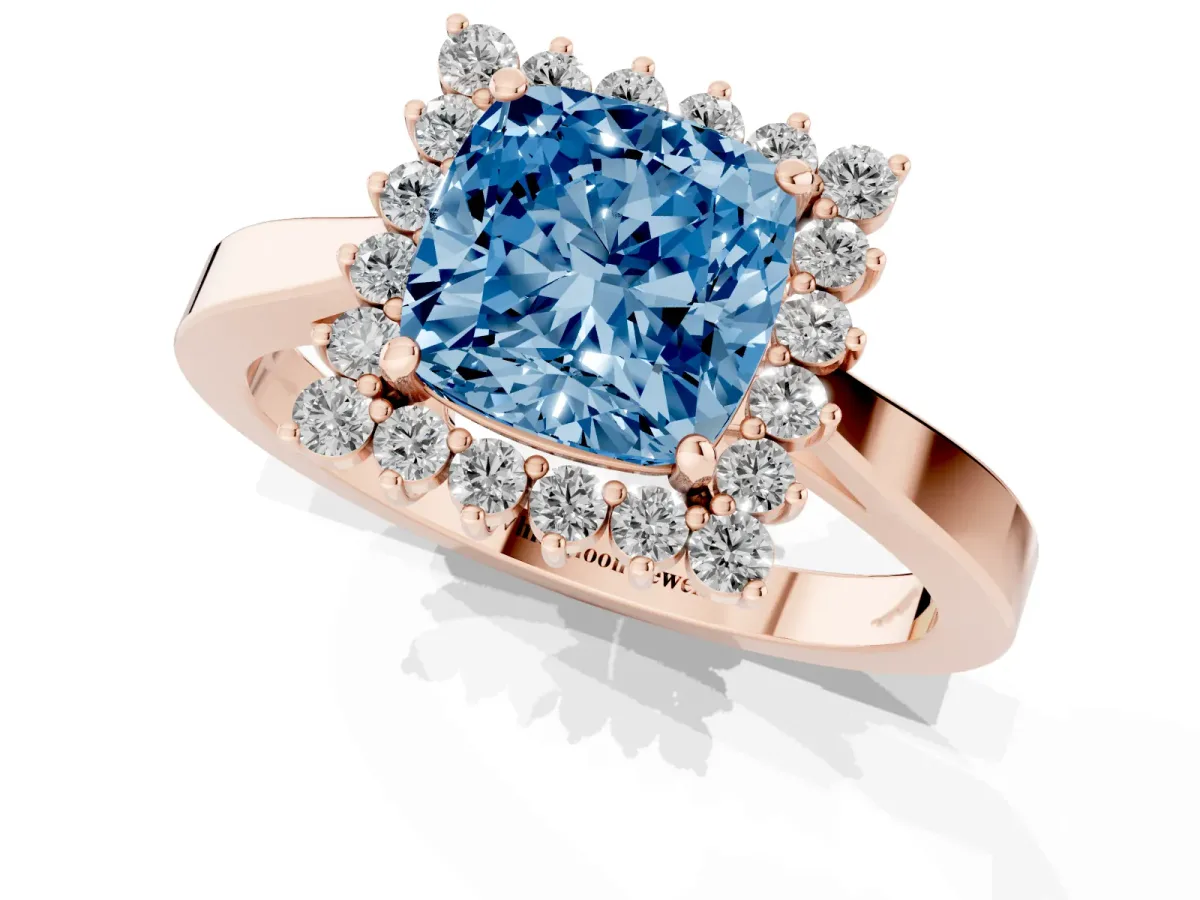 Fancy Blue Cushion Cut Cut Diamond Halo Ring with Round Brilliant Halo and Solitaire Band Rose gold