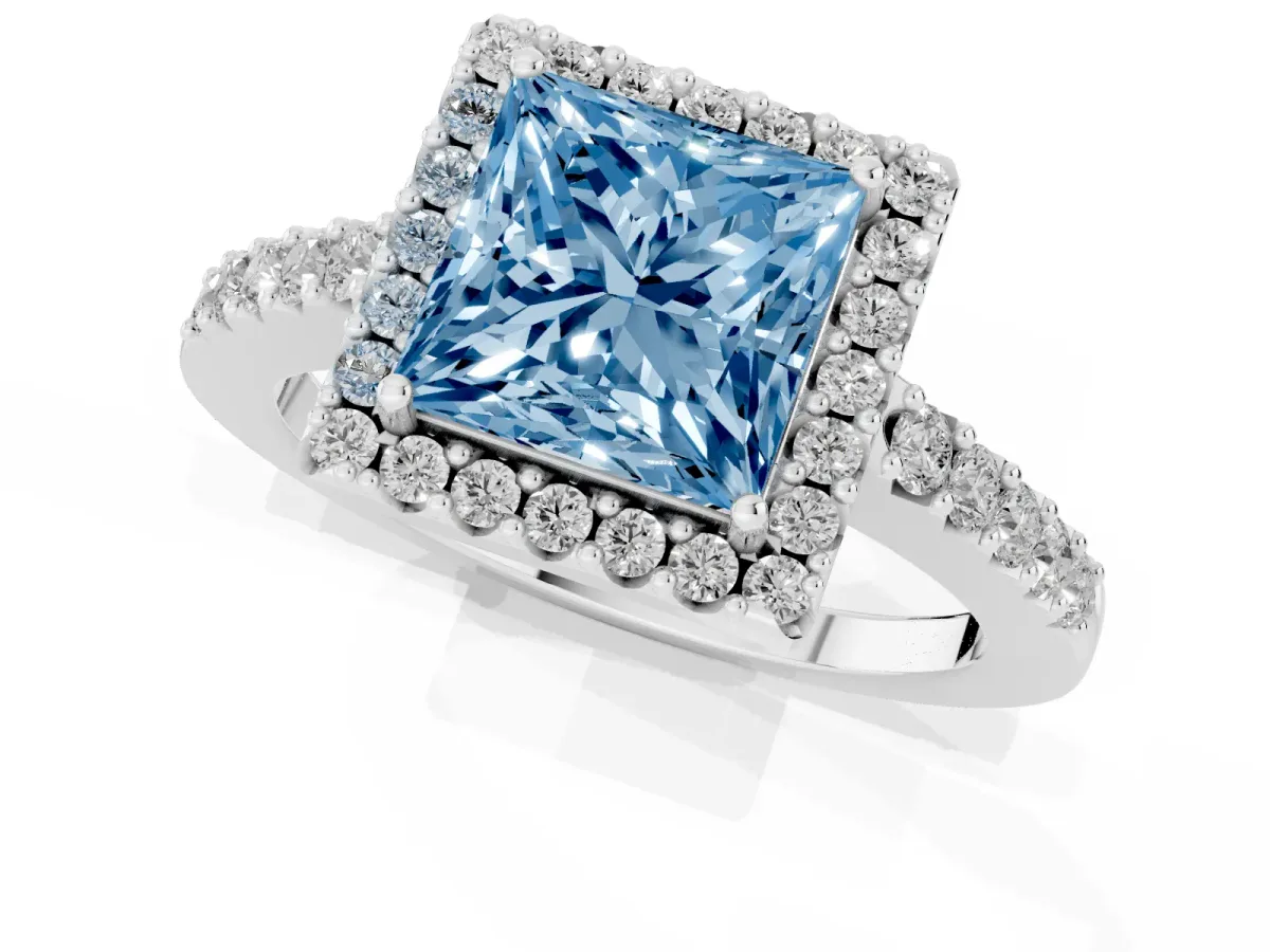 Fancy Blue Princess Cut Halo Diamond Pavé Solitaire Ring Platinum