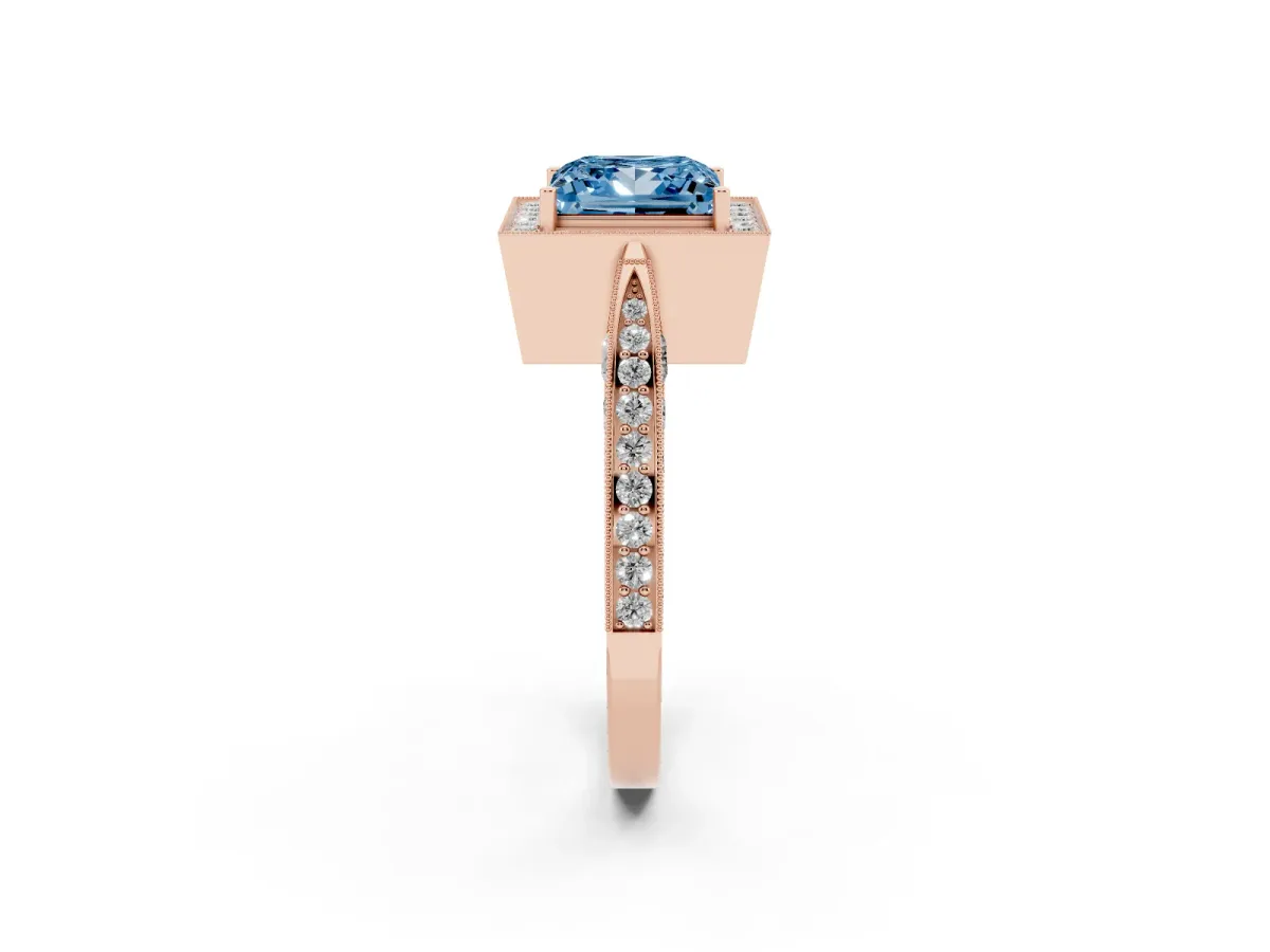 Fancy Blue Princess Cut Halo Diamond Engagement Ring with Split Shank Band and Four-Prong Setting Rose gold