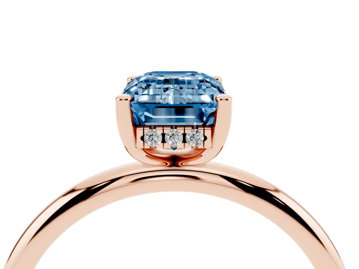 Fancy Blue Emerald Cut Cut Solitaire Engagement Ring with Four-Prong Setting and Classic Band Rose gold