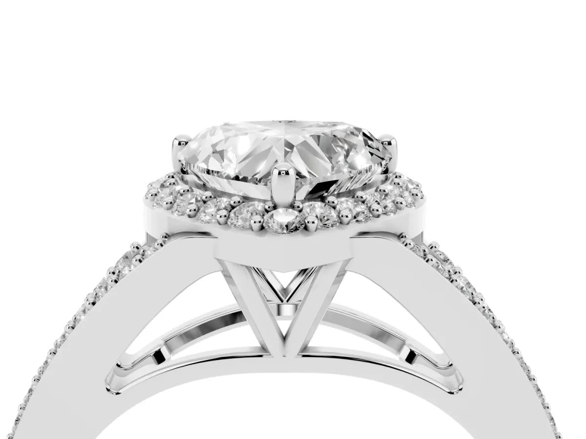 Heart Cut Halo Split Shank Diamond Ring with Prong Setting Silver