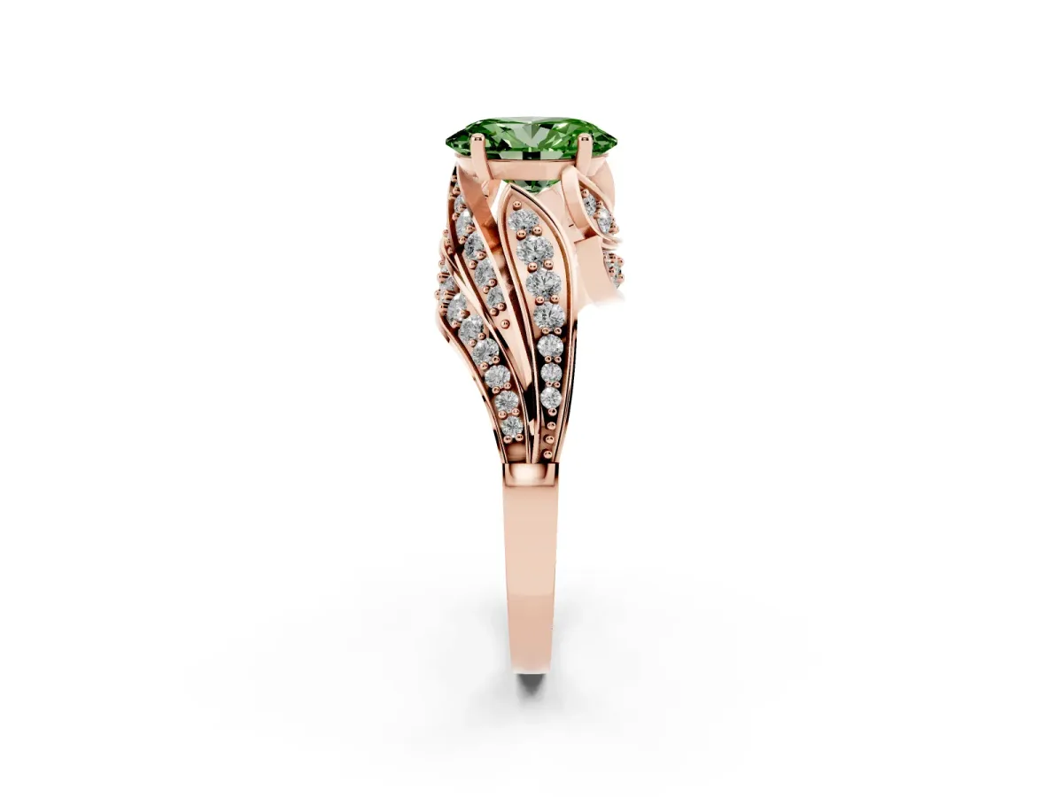 Fancy Green Oval Cut Diamond Solitaire Ring with Prong Setting and Twisted Pavé Band Rose gold