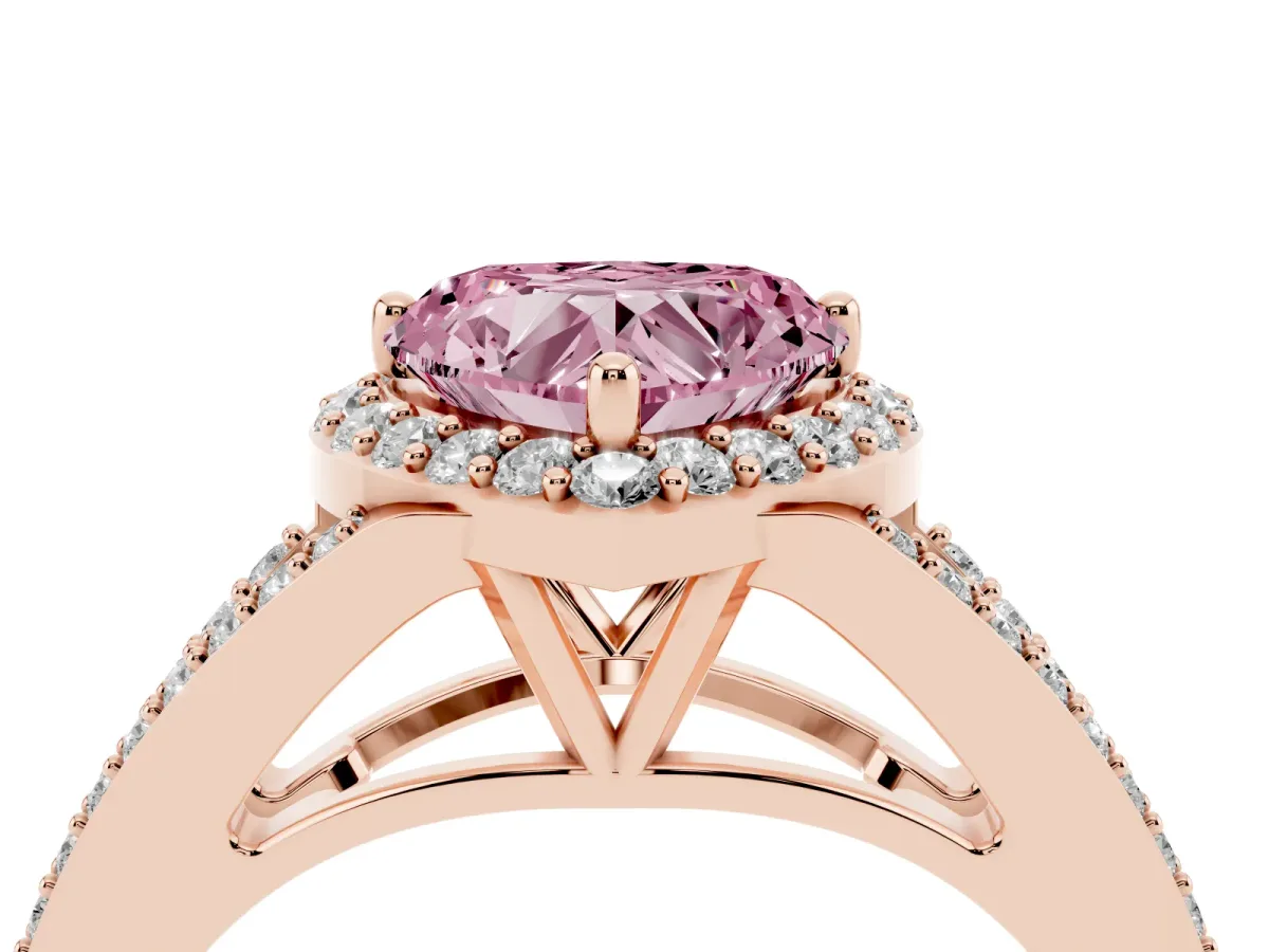 Fancy Pink Heart Cut Halo Split Shank Pave Diamond Ring with Four-Prong Setting Rose gold