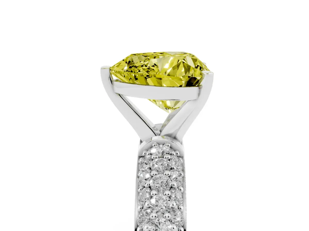 Fancy Yellow Heart Cut Diamond Solitaire Ring with Prong Setting and Pavé Band Silver