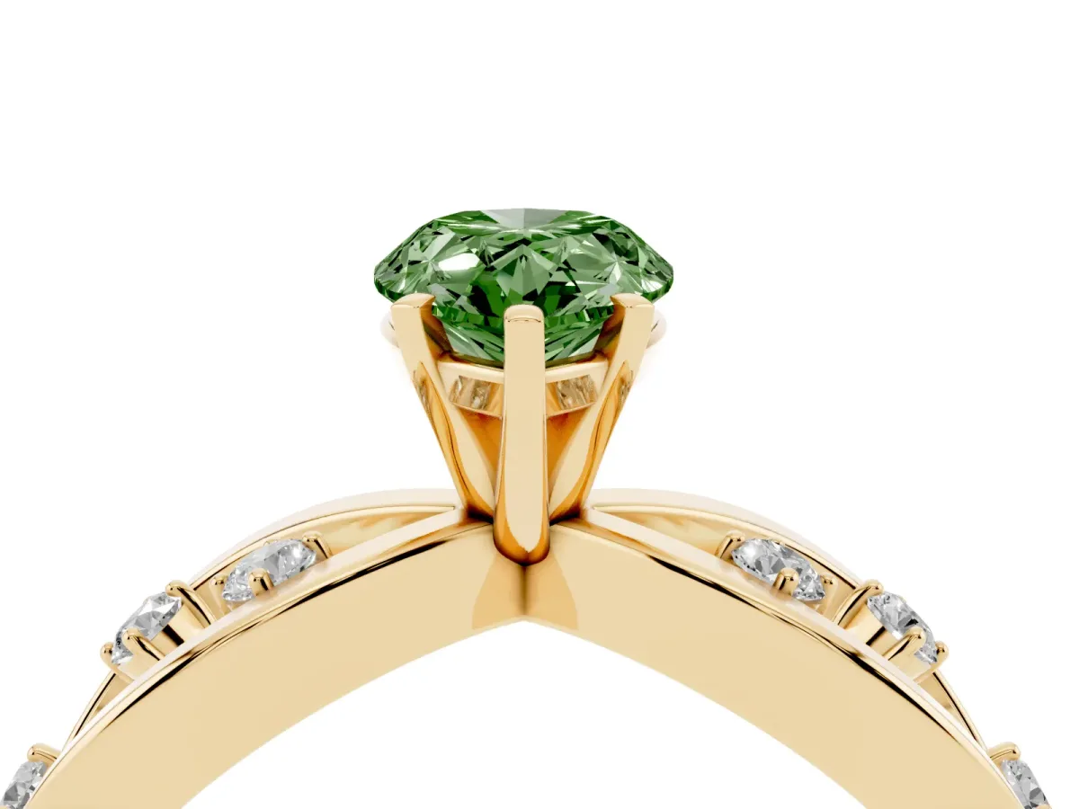 Fancy Green Pear Cut Cut Solitaire Diamond with Side Stones on Criss-Cross Band and Four-Prong Setting Yellow gold