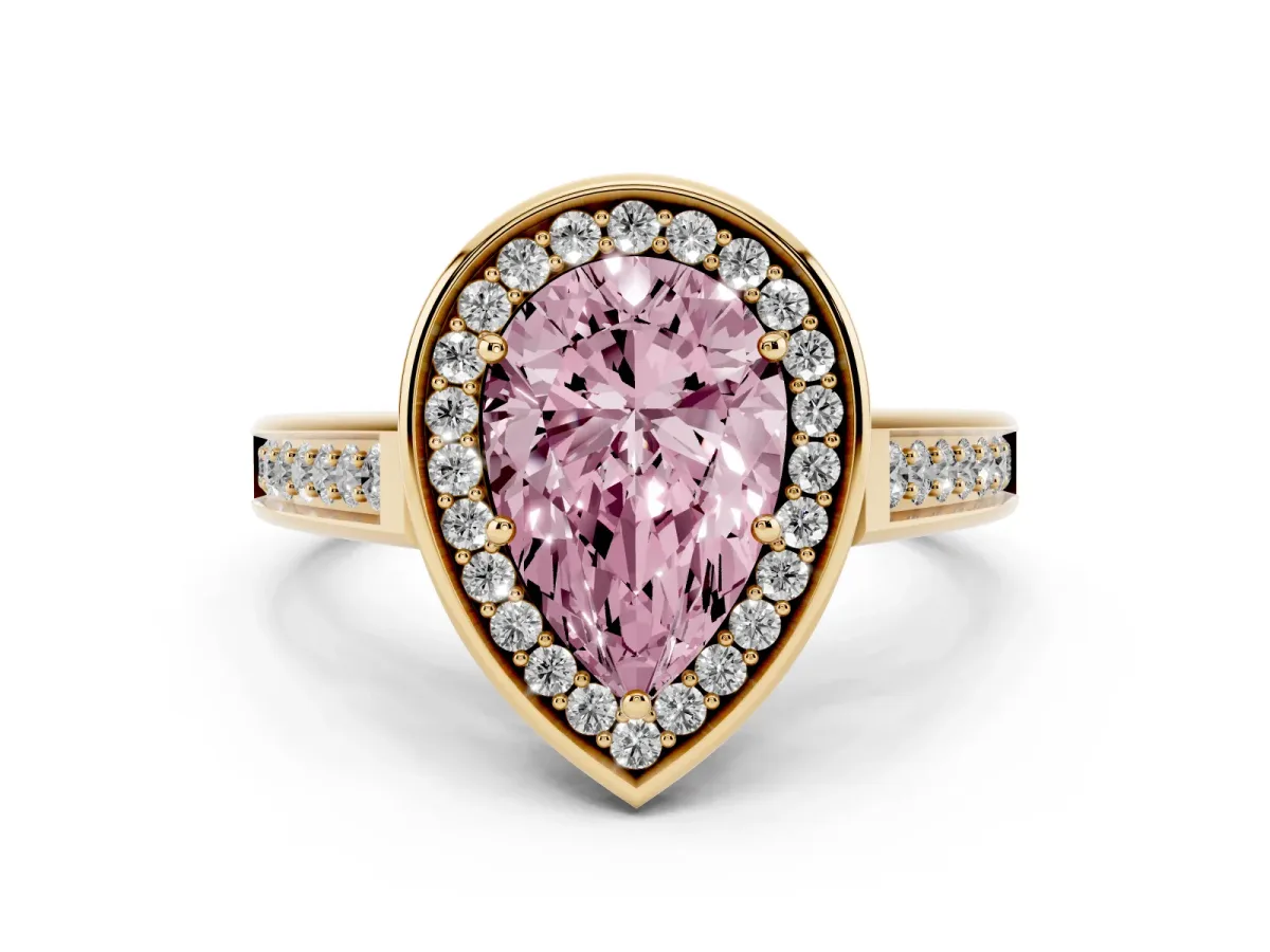 Fancy Pink Pear Cut Halo Solitaire Diamond Ring with Pave Band and Bezel Setting Yellow gold