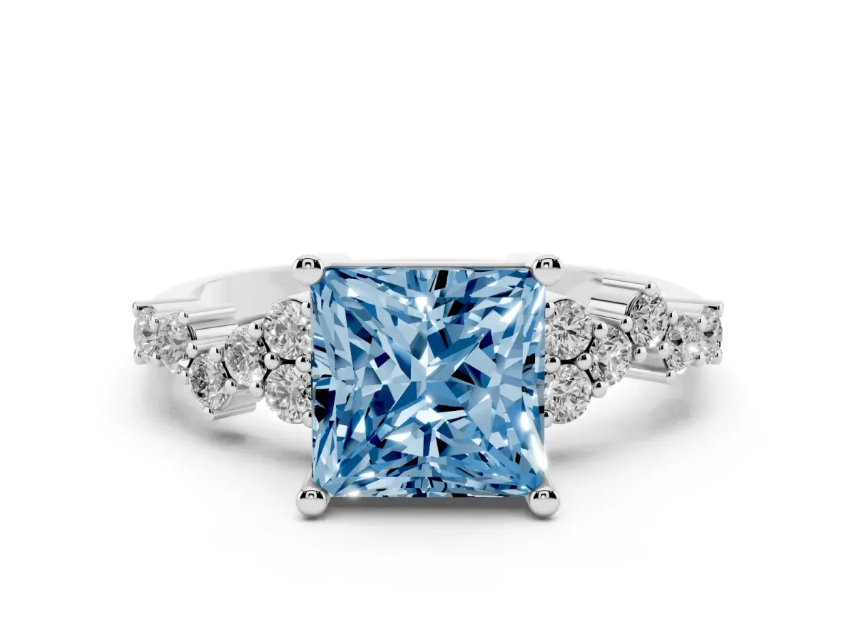 Fancy Blue Princess Cut Diamond Scattered Round Accent Ring with Prong Setting White gold
