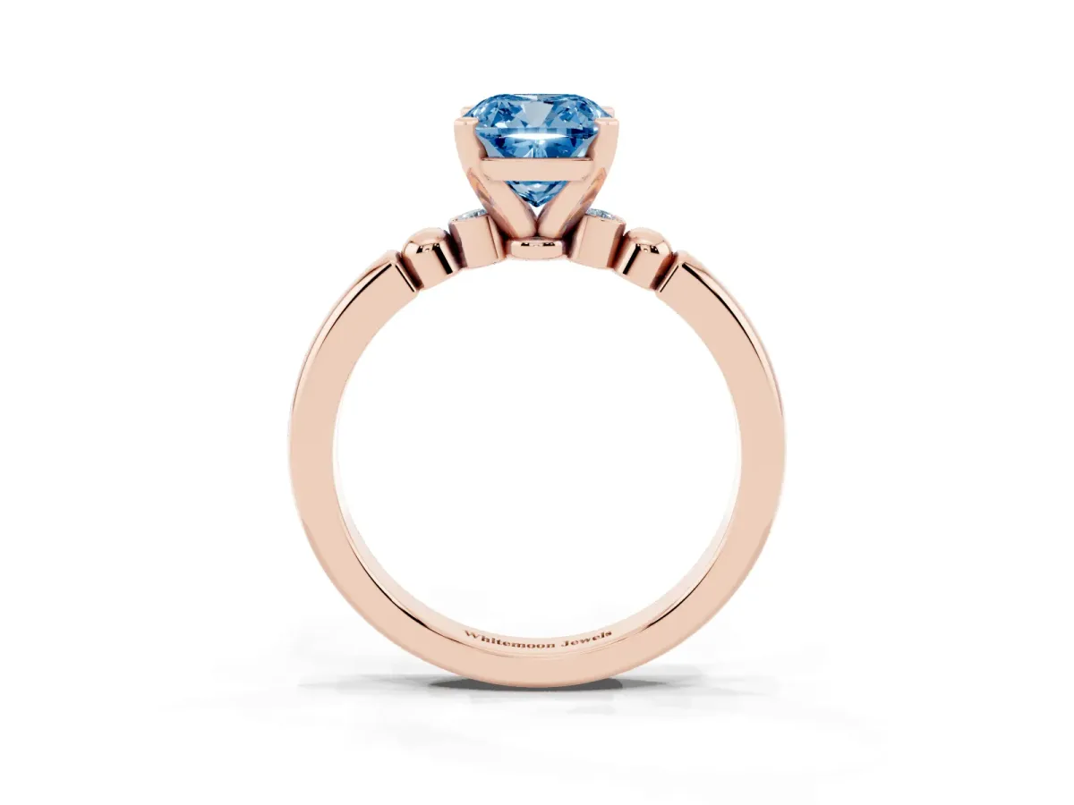 Fancy Blue Cushion Cut Solitaire Beaded Band with Four-Prong Setting Rose gold