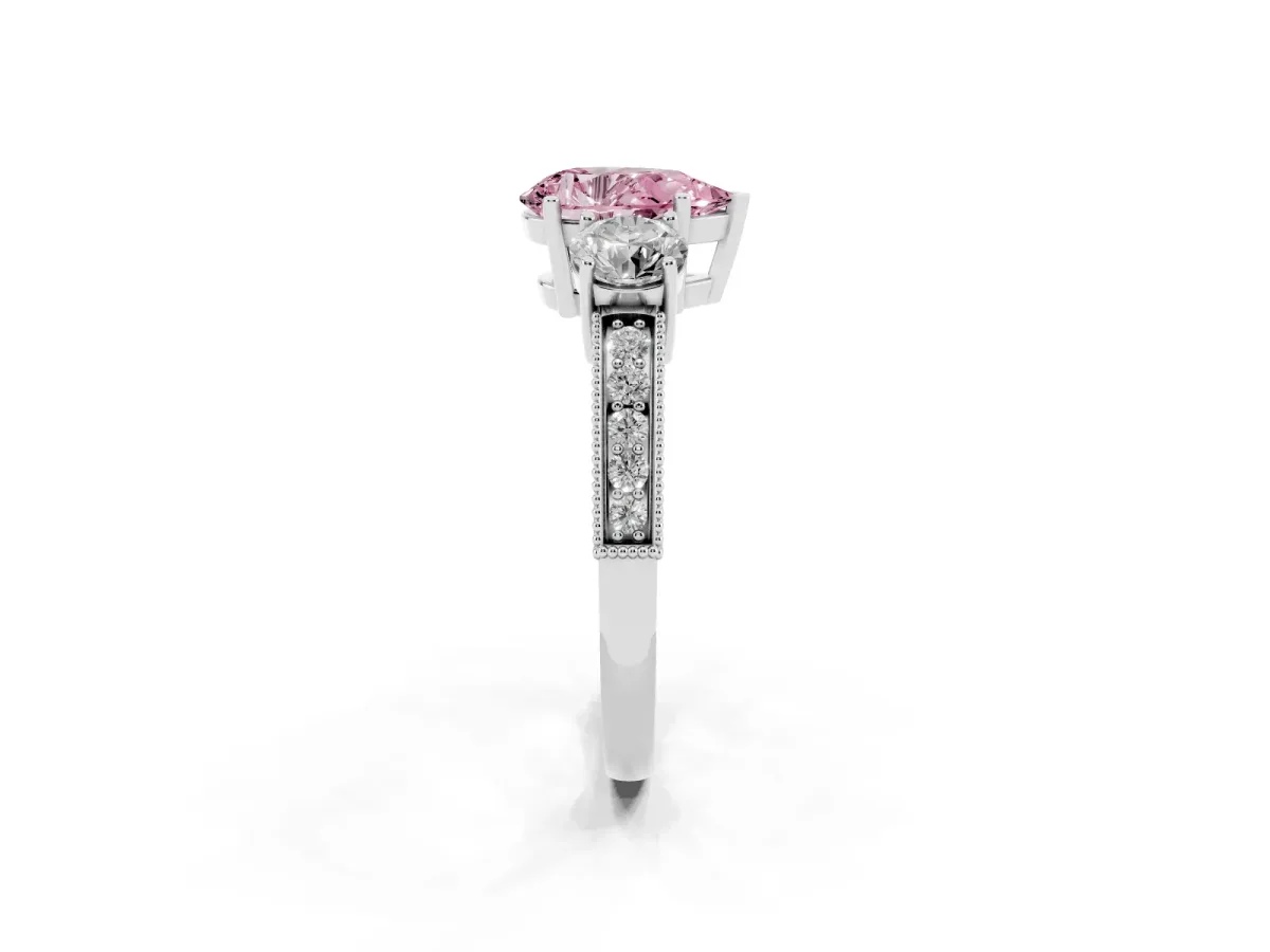 Fancy Pink Pear Cut Three-Stone Diamond Ring with Pavé Band and Four-Prong Setting Silver