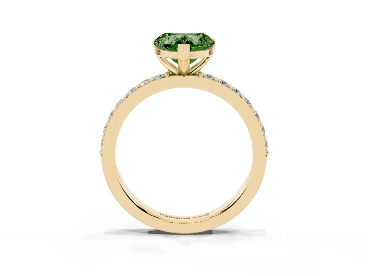 Fancy Green Heart Cut Cut Diamond Solitaire with Pave Band and Four-Prong Setting Yellow gold