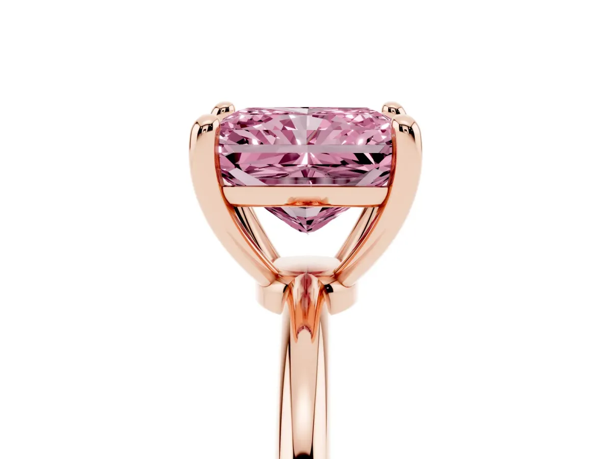 Fancy Pink Radiant Cut Solitaire Diamond Ring with 4-Prong Setting on a Classic Band Rose gold