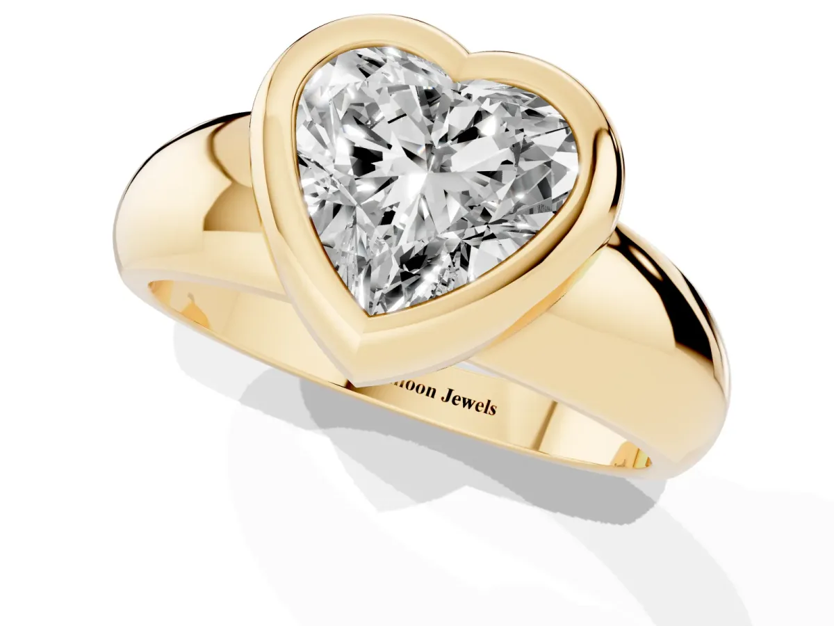Bezel Set Heart Cut Solitaire Ring with Wide Band Yellow gold