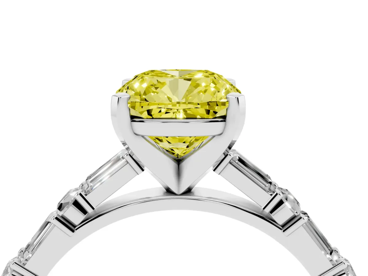 Fancy Yellow Cushion Cut Diamond Solitaire with Side Baguettes and Channel Set Band White gold