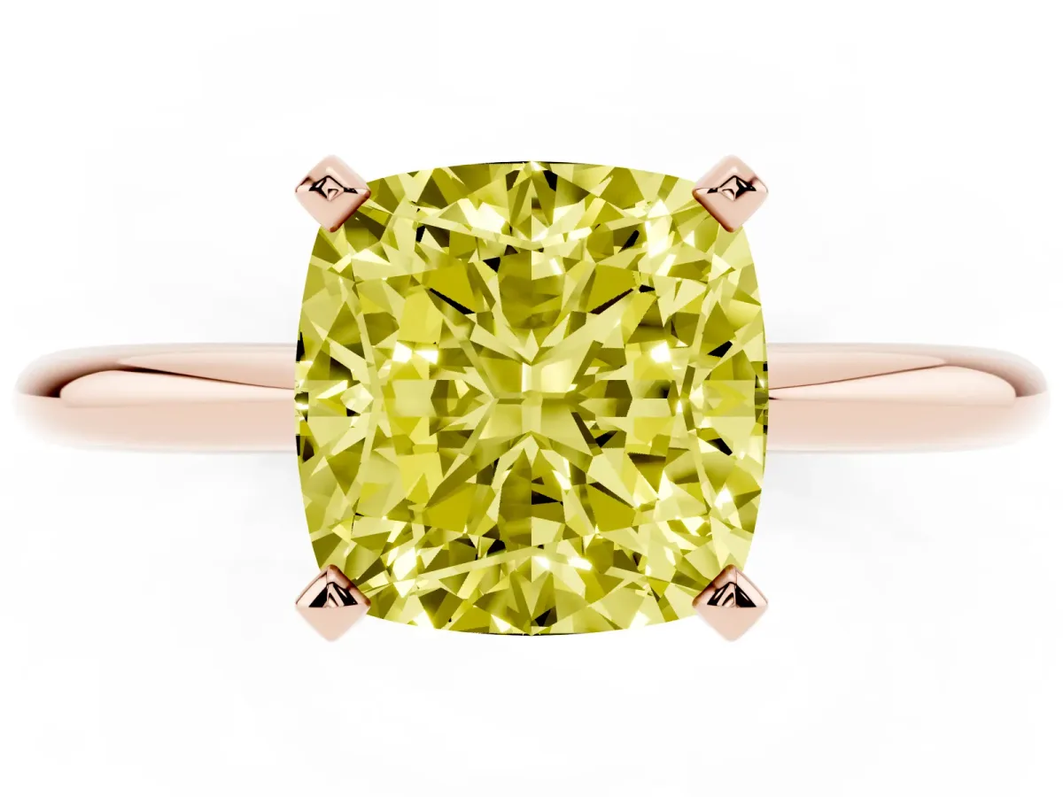 Fancy Yellow Cushion Cut Diamond Solitaire Ring with Prong Setting and Classic Band Rose gold