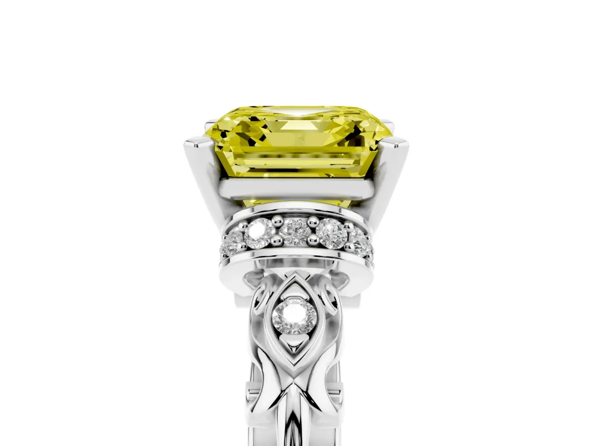 Fancy Yellow Asscher Cut Diamond Solitaire Ring with Filigree Band and Four-Prong Setting Silver